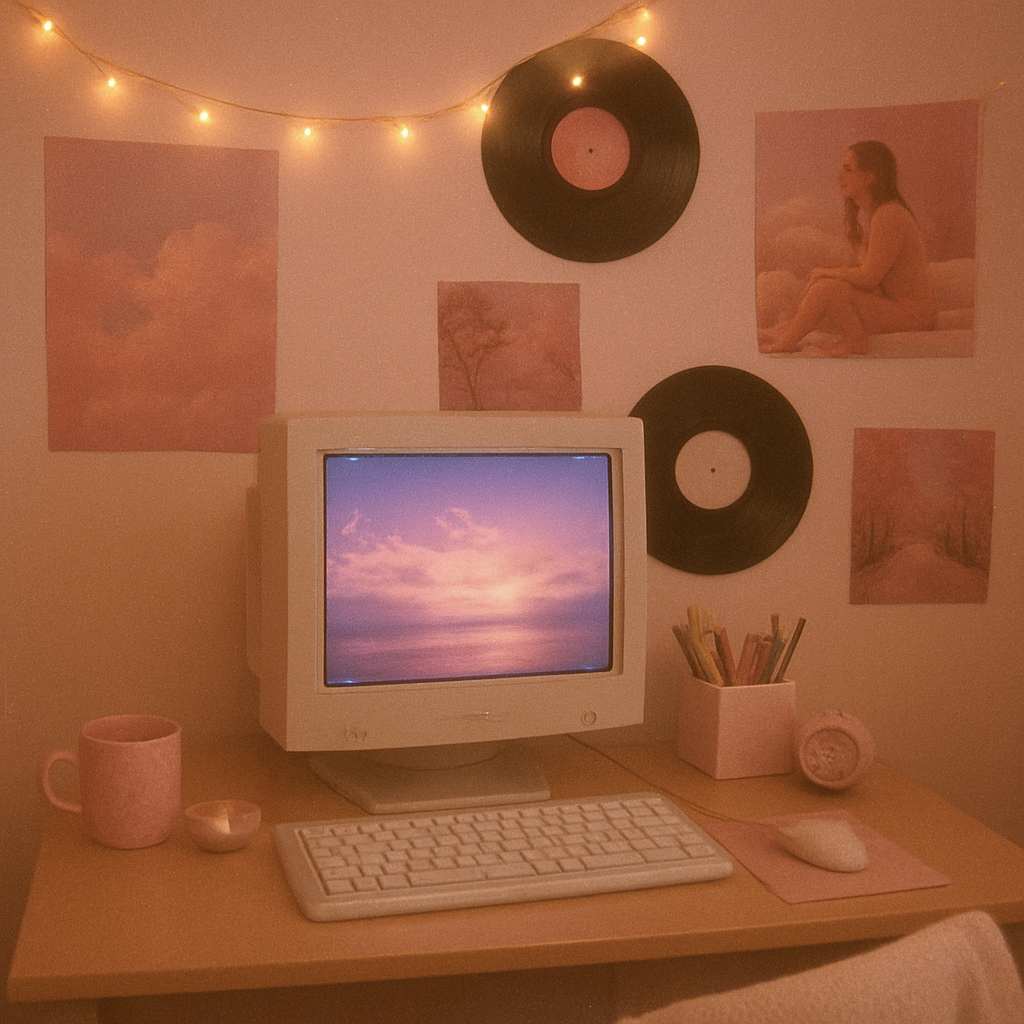 A cozy Y2K bedroom desk setup featured in a Memory Reel